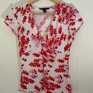 Banana Republic-Floral Top White Red Short Sleeve